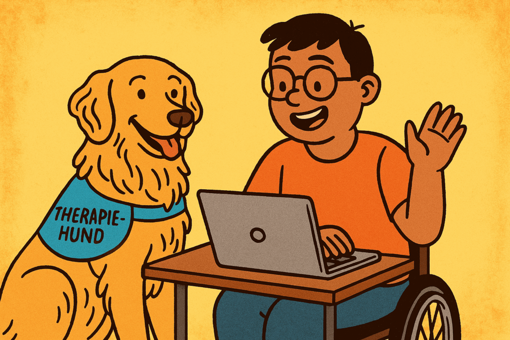 Ein junger Mann sitzt im Rollstuhl. Auf dem Tisch vor ihm steht ein Labtop. Neben ihm sitzt ein Hund.