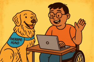 Ein junger Mann sitzt im Rollstuhl. Auf dem Tisch vor ihm steht ein Labtop. Neben ihm sitzt ein Hund.