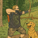 Ein Mann steht mit Pfeil und Bogen im Wald. Er konzentriert sich auf sein Ziel. Neben ihn sitzt sein Hund und schaut ihn glücklich an.