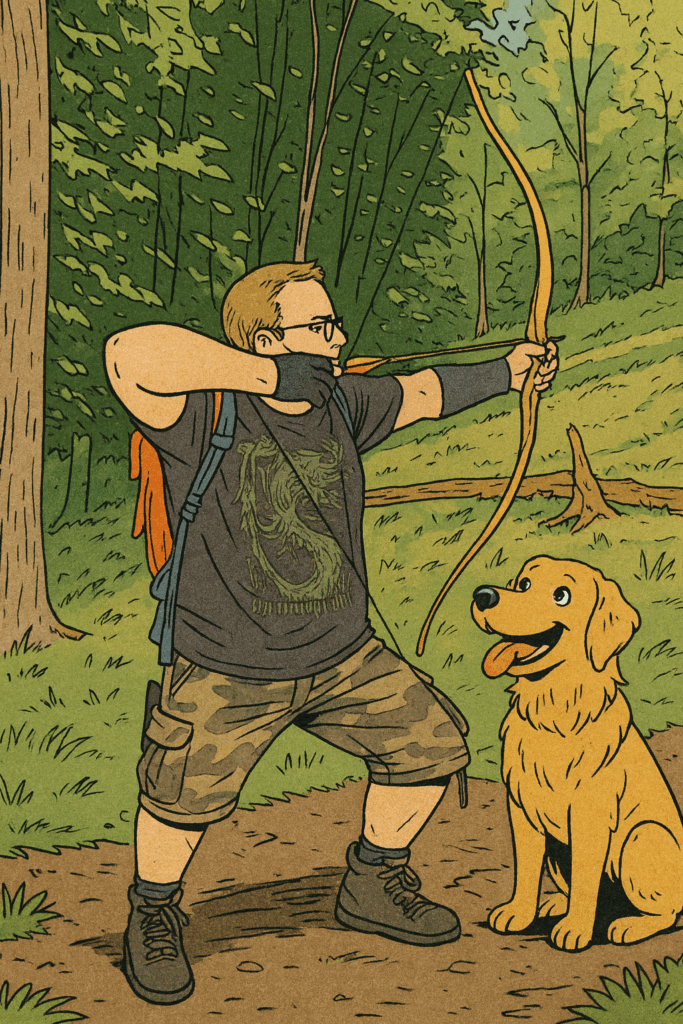 Ein Mann steht mit Pfeil und Bogen im Wald. Er konzentriert sich auf sein Ziel. Neben ihn sitzt sein Hund und schaut ihn glücklich an.