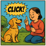 Eine junge Frau kniet auf der Wiese, Vor ihr sitzt ein Hund und schaut sie freudig an. Die Frau hebt den Zeigefinger um dem Hund das Kommando Sitz zu geben. Mit einem Clicker belohnt sie das richtige Verhalten von dem Hund.