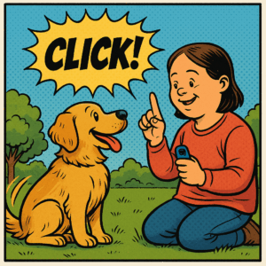 Eine junge Frau kniet auf der Wiese, Vor ihr sitzt ein Hund und schaut sie freudig an. Die Frau hebt den Zeigefinger um dem Hund das Kommando Sitz zu geben. Mit einem Clicker belohnt sie das richtige Verhalten von dem Hund.