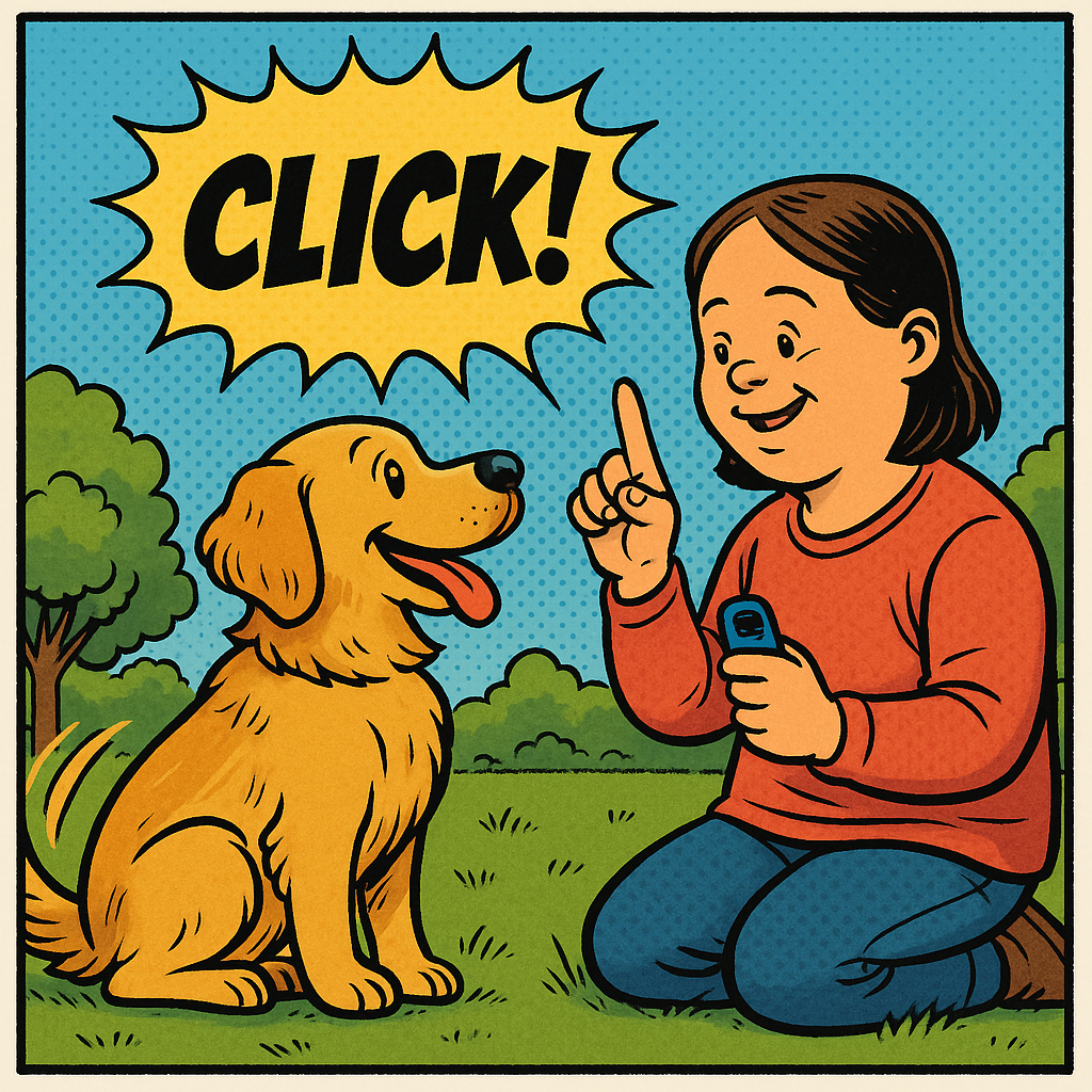 Eine junge Frau kniet auf der Wiese, Vor ihr sitzt ein Hund und schaut sie freudig an. Die Frau hebt den Zeigefinger um dem Hund das Kommando Sitz zu geben. Mit einem Clicker belohnt sie das richtige Verhalten von dem Hund.