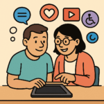 Zwei Menschen sitzen vor einem Tablet. Sie schauen sich Informationen im Internet an. Über ihnen sind Symbole: ein Herz für "Mag ich", ein Rollstuhl-Symbol für Barriere-Freiheit und ein Zeichen für Youtube