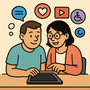 Zwei Menschen sitzen vor einem Tablet. Sie schauen sich Informationen im Internet an. Über ihnen sind Symbole: ein Herz für "Mag ich", ein Rollstuhl-Symbol für Barriere-Freiheit und ein Zeichen für Youtube