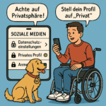 Ein junger Mann sitzt in einem Rollstuhl. Er sagt "Stell dein Profil auf Privat"