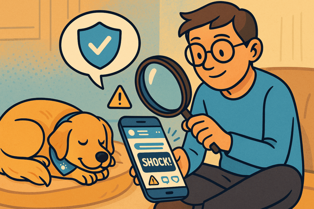 Ein junger Mann hat sein Handy in der Hand. Er schaut genau hin um Lügen zu erkennen. Ein Hund schläft ruhig auf seinem Kissen, weil er sich sicher fühlt.