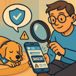 Ein junger Mann hat sein Handy in der Hand. Er schaut genau hin um Lügen zu erkennen. Ein Hund schläft ruhig auf seinem Kissen, weil er sich sicher fühlt.