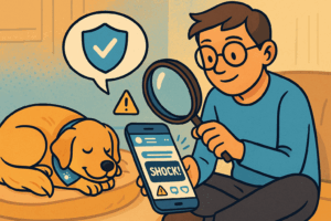 Ein junger Mann hat sein Handy in der Hand. Er schaut genau hin um Lügen zu erkennen. Ein Hund schläft ruhig auf seinem Kissen, weil er sich sicher fühlt.