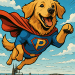 Ein Hund als Comic-Superheld, mit einem roten Umhang und einem blauen Hemd, fliegt über Köln. Der Kölner Dom und das Rhein-Panorama von Köln sind zu sehen.