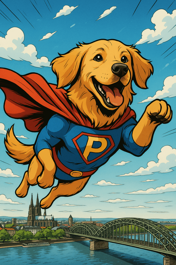 Ein Hund als Comic-Superheld, mit einem roten Umhang und einem blauen Hemd, fliegt über Köln. Der Kölner Dom und das Rhein-Panorama von Köln sind zu sehen.
