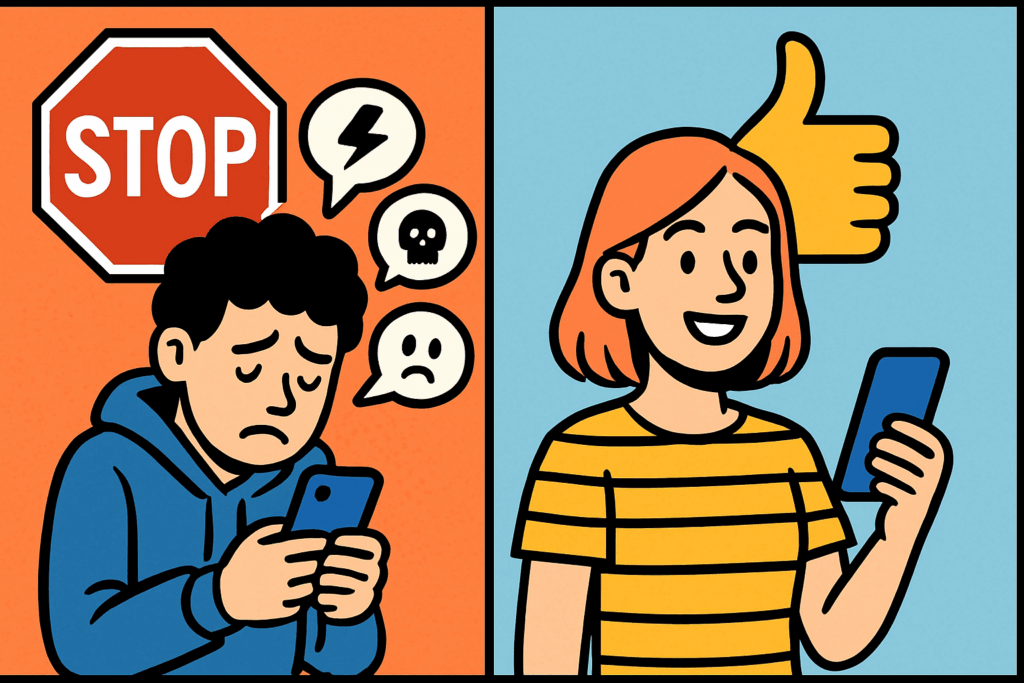 Cyber-Mobbing macht traurig und schwach. Sei fair und mache andere Menschen stark. Stop Mobbing, mach nicht mit.